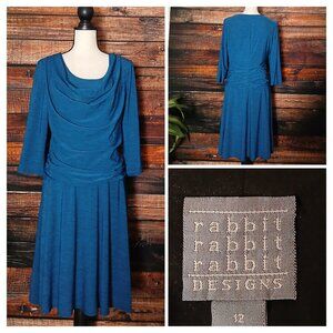 Rabbit Rabbit Rabbit Designs Dress Size 12 Blue Cowl Neck Ruched 3/4 Sleeve